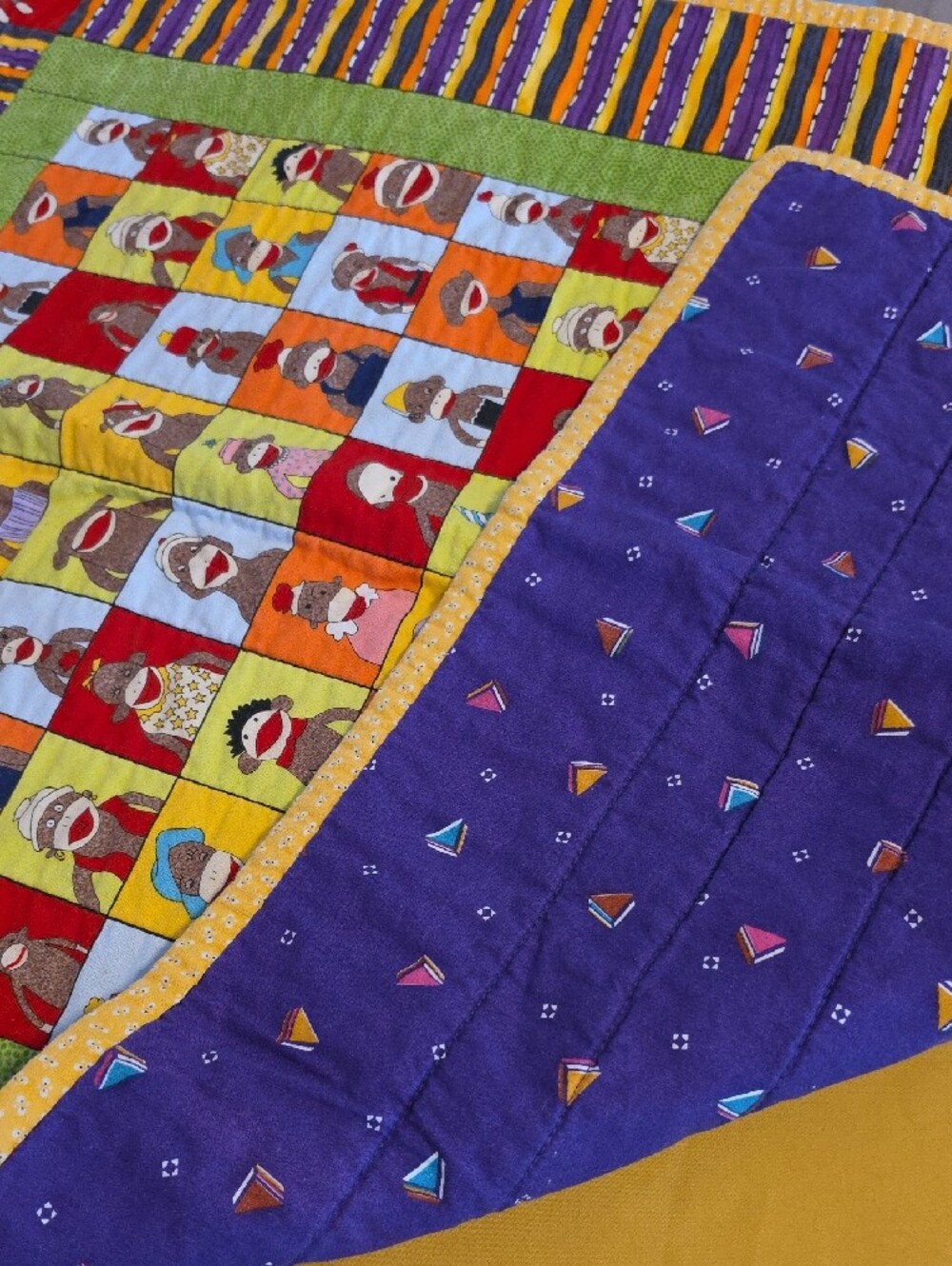🐒🍌♥️ Colorful Patchwork Quilt Blanket w/Sock Monkey & Banana Motif